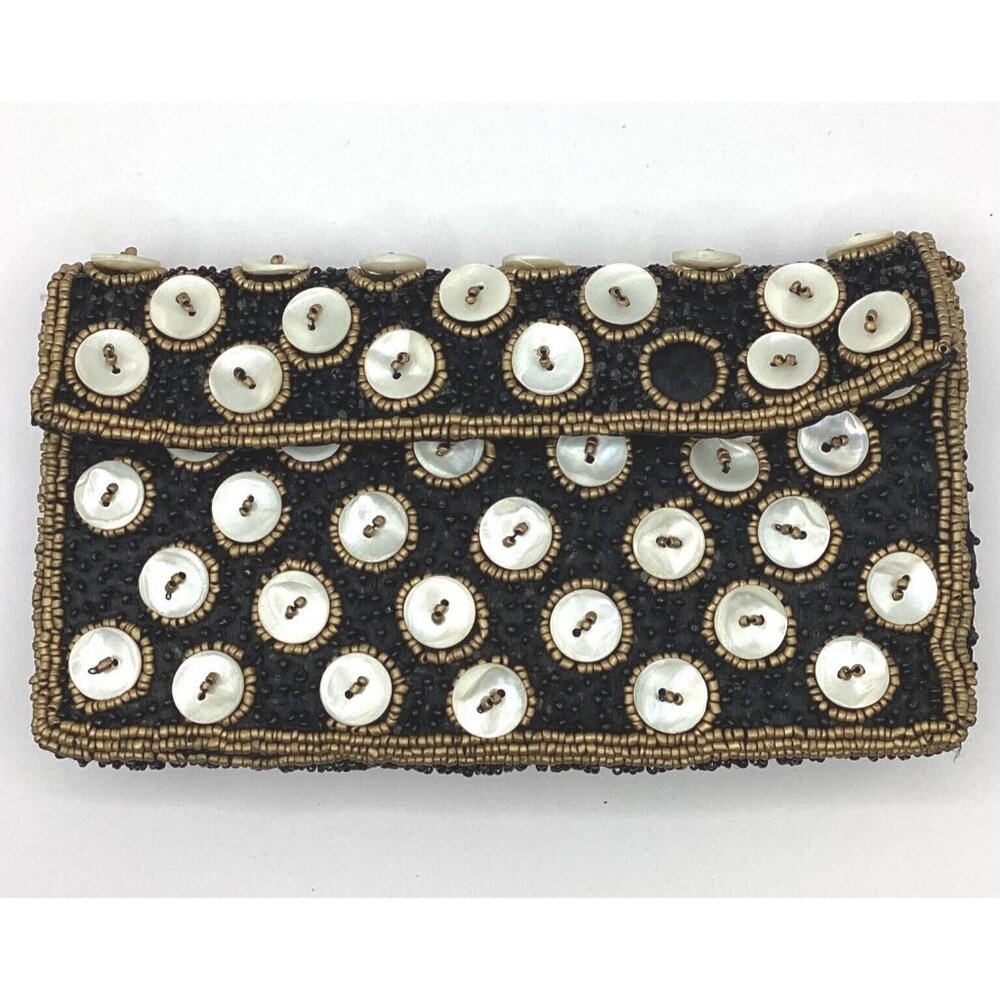 Magies Vintage Hand Beaded Black, MOP Cross Body Purse Clutch -Imported NOS